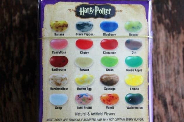 back of the Bertie Botts Flavour Beans box showing the flavors of beans