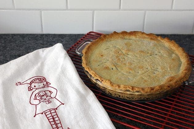  Raisin Pie in a Pyrex pie plate on a red cooling rack, white cloth with print of little girl holding a doll