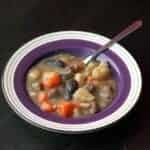 Elk & Morel Stew in a Plate bowl with violet print on dark background