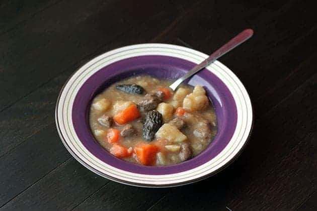 Elk & Morel Stew in a Plate bowl with violet print on dark background