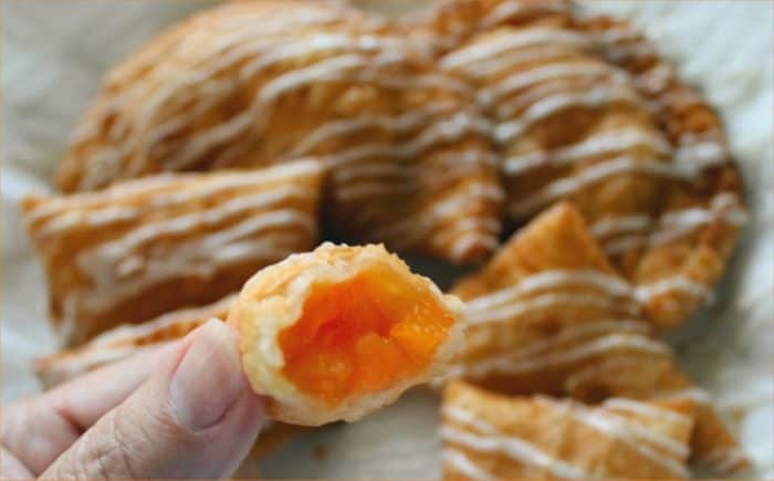 Close up of Glazed Apricot & Marmalade Fried Pies showing the inside