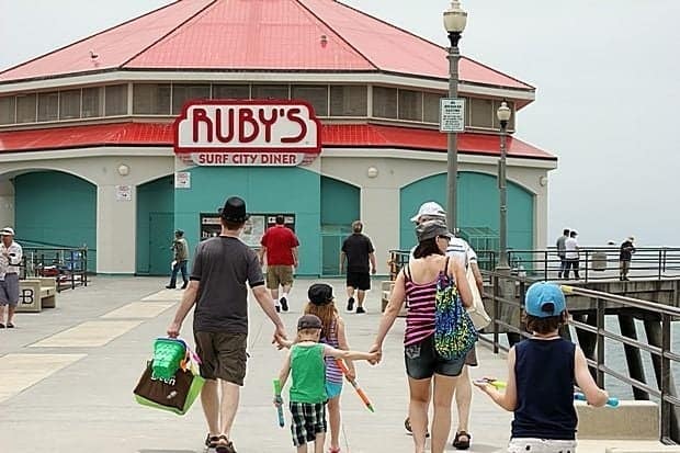 family with the kids walking going to Ruby's Surf City Diner 