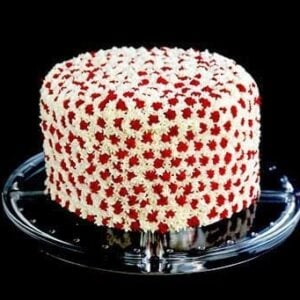 Canada Day Cake with red and white star icing on a clear cake stand