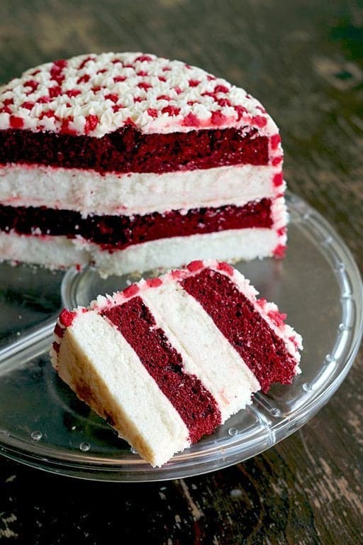 sliced and inside shot of Canada day cake