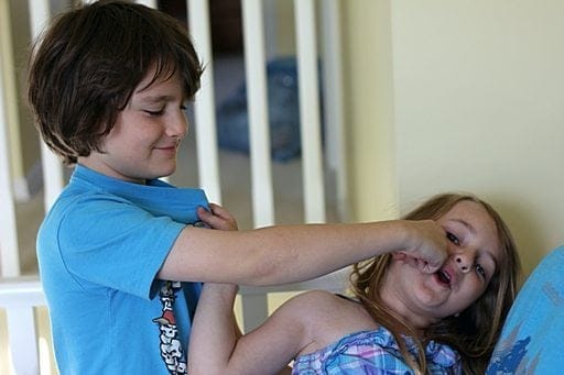 yelling match while younger sister at her dad's back and posing for the camera while her brother fakes punches her