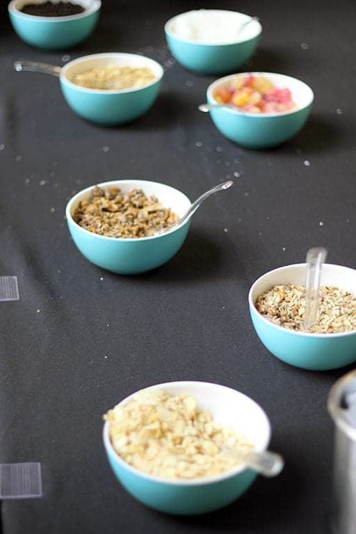 Turquoise cups with toppings for frozen yogurt