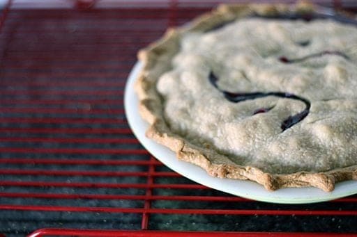 freshly baked Rhubarb Saskatoon Pie on a red cooling rack