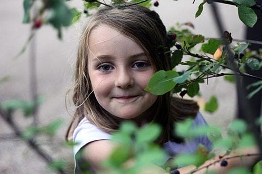 close up of little girl in Saskatoons tree