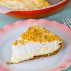 close up of Flapper Pie in a plate and in the baking pan ready to be enjoy!