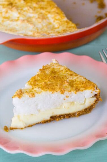 close up of Flapper Pie in a plate and in the baking pan ready to be enjoy!