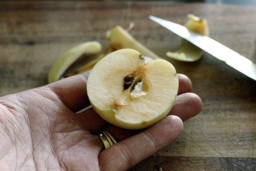 crabapple sliced into half, peeled and core