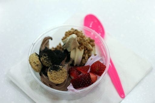 a cup of frozen yogurt with Chocolate, mini cookies, cookie crumbs and fresh strawberries