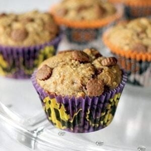 Peanut Butter Cup Banana Muffins in spooky muffin liners