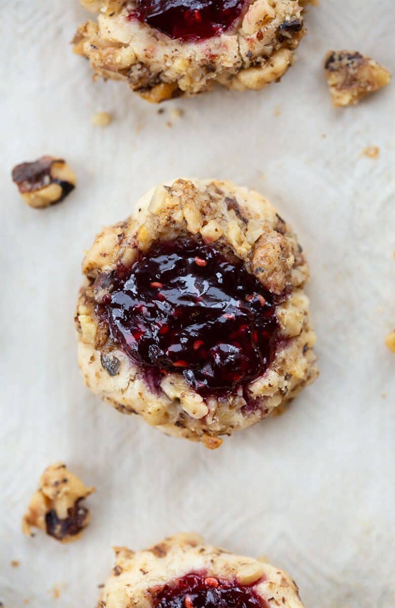 Raspberry Walnut Thumbprint Cookies in a parchment paper
