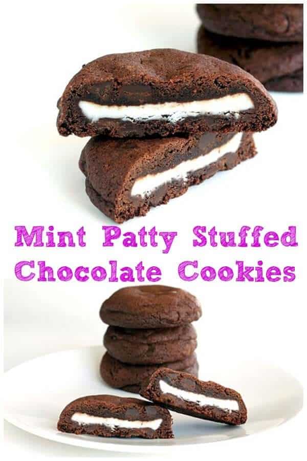 Double mint stuffed chocolate chip cookies stuffed with York peppermint patties.You just cannot imagine how good these are! #mint #cookie #recipe #cookies #chocolate #peppermint #baking #recipe #dessert 