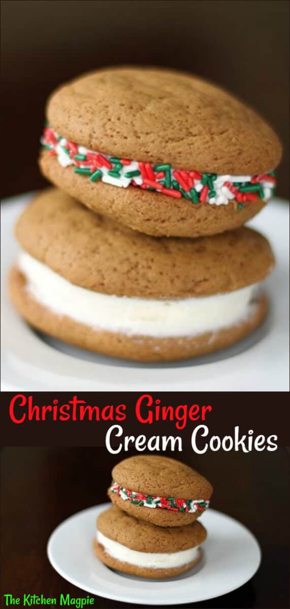 Soft ginger cookies with buttercream icing sandwiched between then rolled in Christmas sprinkles. Easy & delicious Christmas cookies! #ginger #Christmas #cookies 