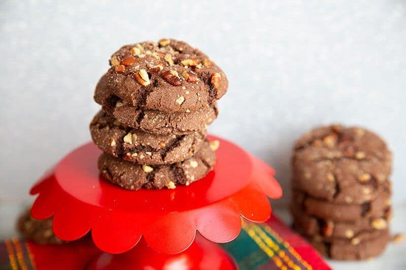 stack of Rolo Cookies on a red cake stand