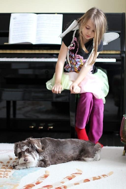 stolen picture of young girl with the piano on her background, a dog on the floor