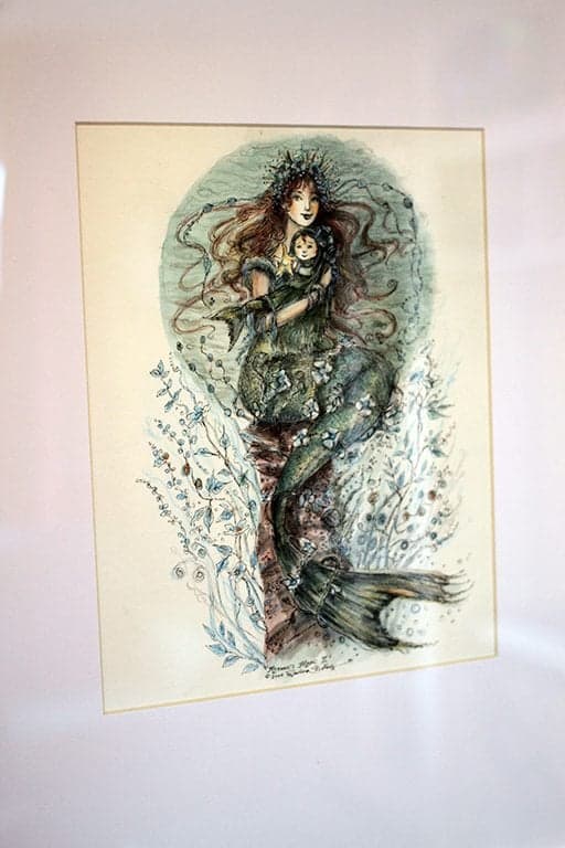 painting of ethereal mermaid holding a baby