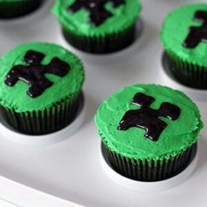 close up of cupcake with green icing in Minecraft theme