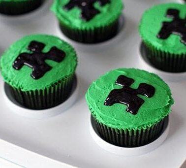 close up of cupcake with green icing in Minecraft theme