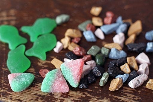 close up of rocks and minerals in a chocolate form