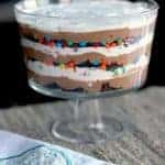 trifle bowl layered with chocolate mousse, more M&M's and real whipped cream