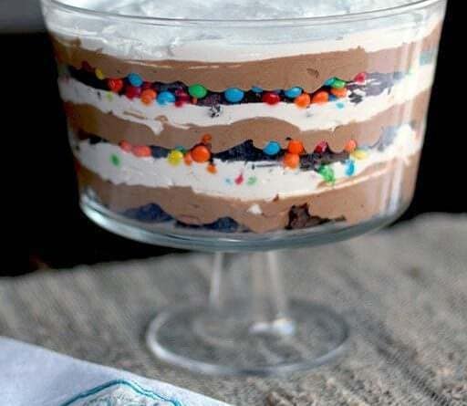 trifle bowl layered with chocolate mousse, more M&M's and real whipped cream