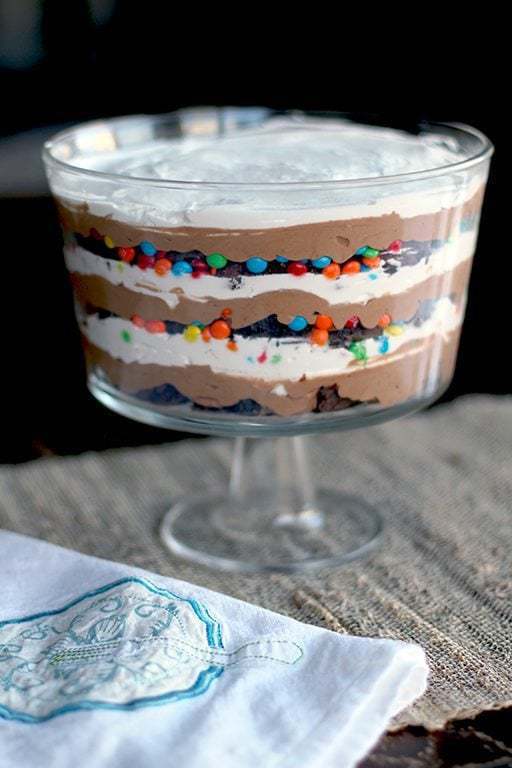 M&M Brownie Trifle in a Topped with whipped cream