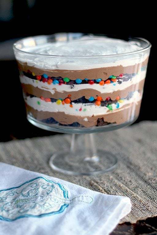 M&M Brownie trifle with whipped cream on top