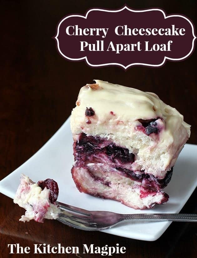 close up of Slice of Cherry Cheesecake Pull Apart Loaf Showing the Inside