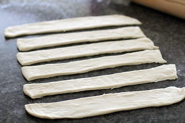 Six strips of dough for pull apart loaf
