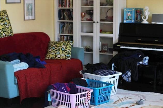 a pile of laundry in the reading room