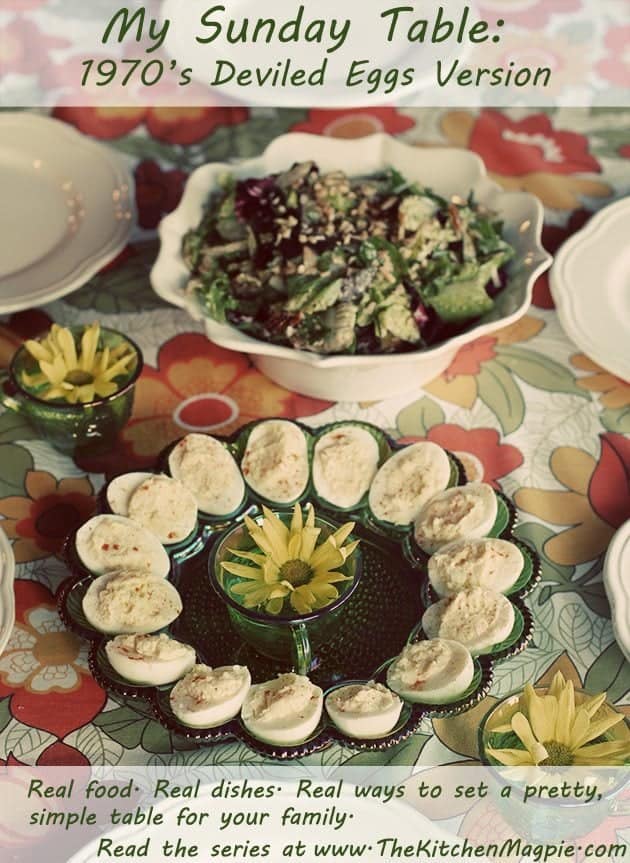 Sunday table with classic deviled eggs in green egg plate 70's edition