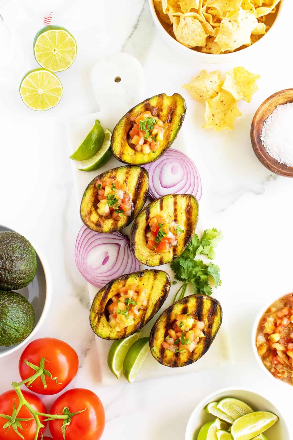 Grilled Avocados filled with pico de gallo