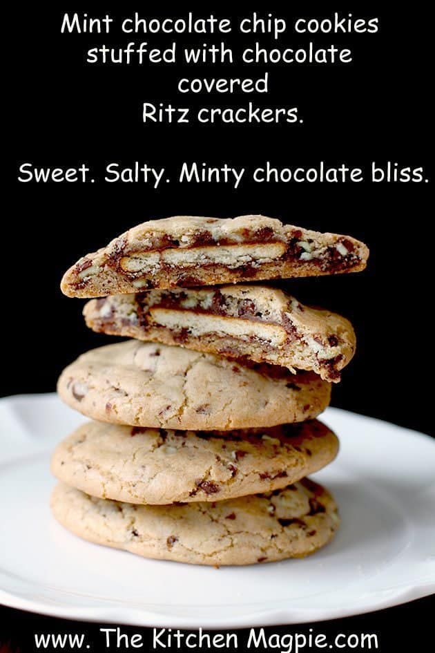 Stack of Ritz Stuffed Mint Chocolate Chip Cookie in White Plate