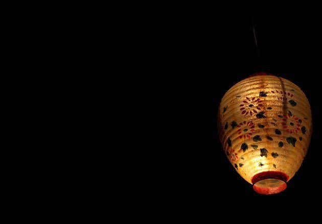 close up of beautiful balloon lantern hanging above inside the restaurant