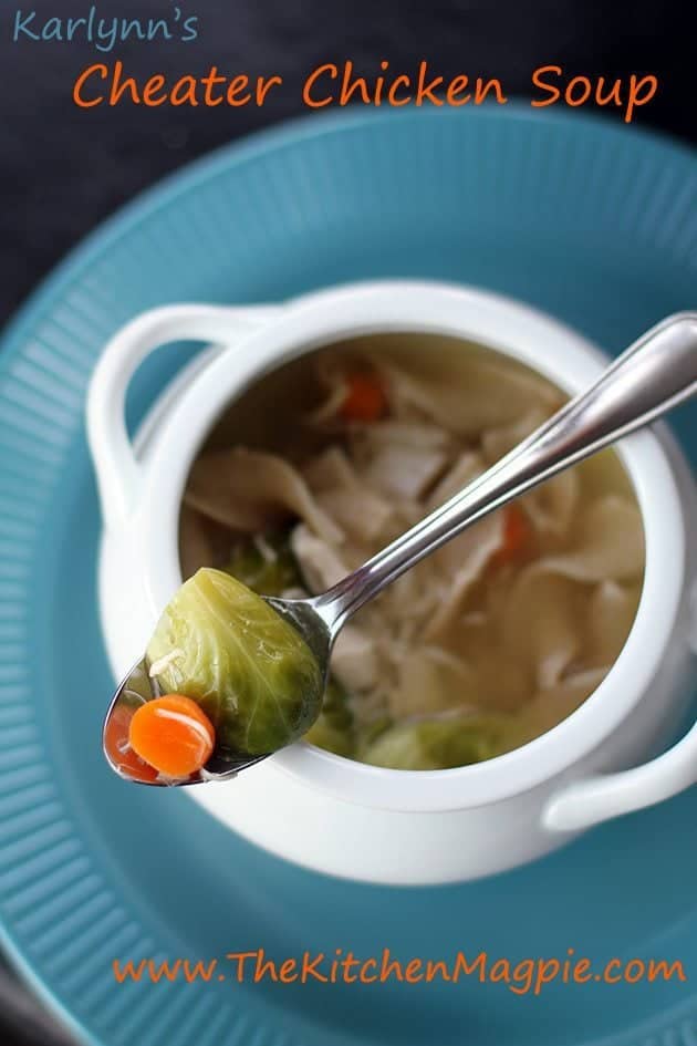 top down shot of a spoon with Brussels sprout and sliced of carrots, placed at the top of Chicken Soup bowl