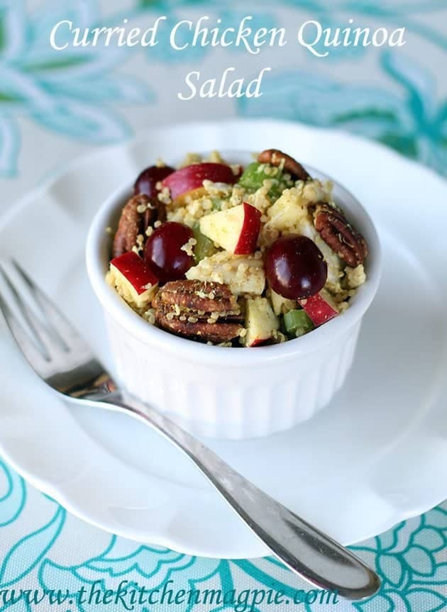 Quinoa Salad in a White Ramekins with apples, grapes, celery and chicken breast