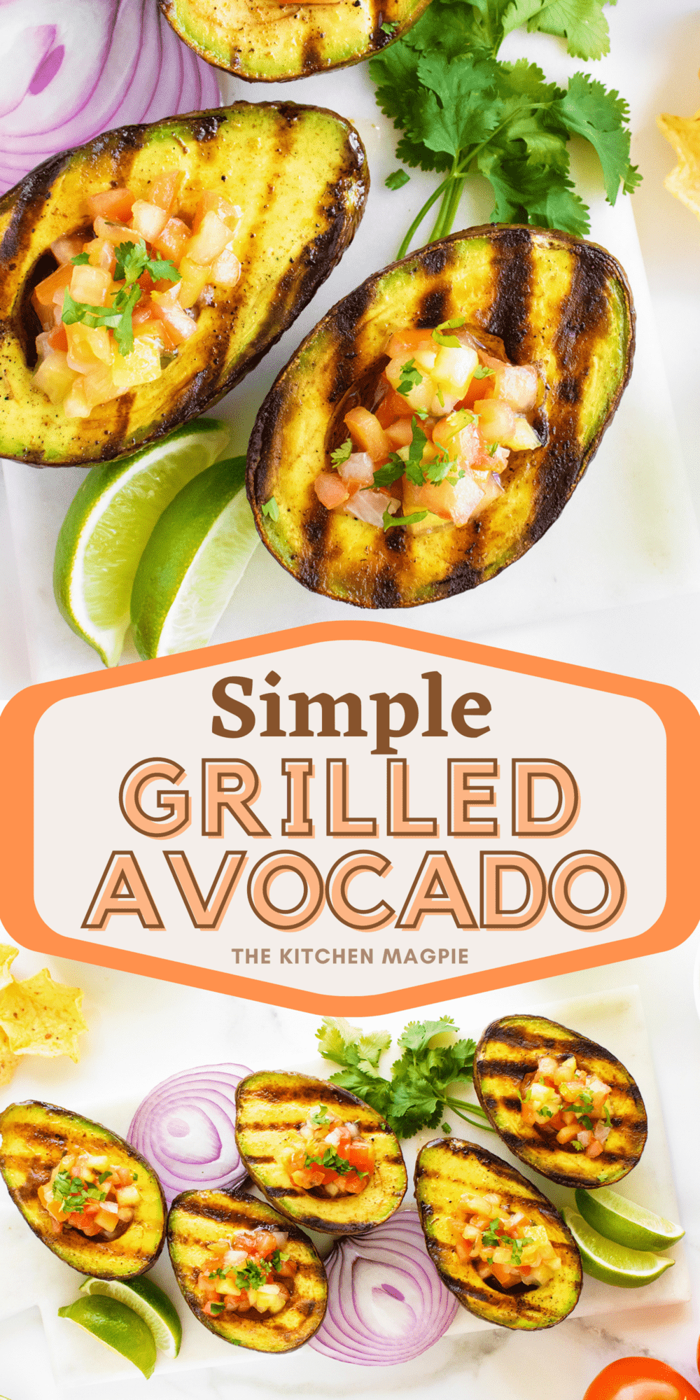 Avocados are sliced, spiced and grilled, then filled with pico de gallo! Fantastic paired with chips for the ultimate appetizer or snack!