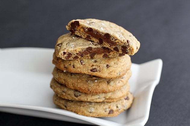 Stack of Nutella Stuffed Hazelnut Chocolate Chip Cookie in a White Plate
