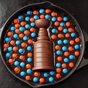 Stanley Cup Skillet Brownies with M&M candies