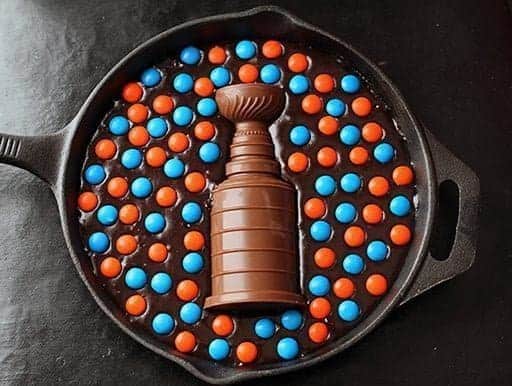 Stanley Cup Skillet Brownies with M&M candies