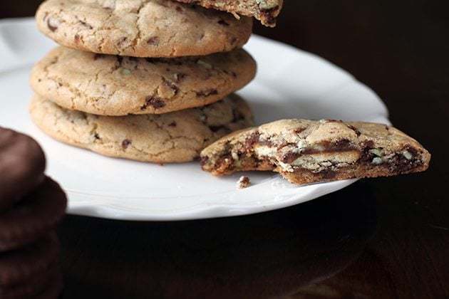 Stack of Ritz Stuffed Mint Chocolate Chip Cookie in a White Plate