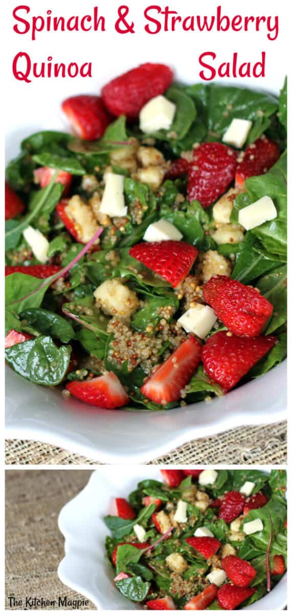 Decadent strawberry salad with brie cheese,quinoa kale, chard & spinach. Top with a sweet grainy mustard vinaigrette.