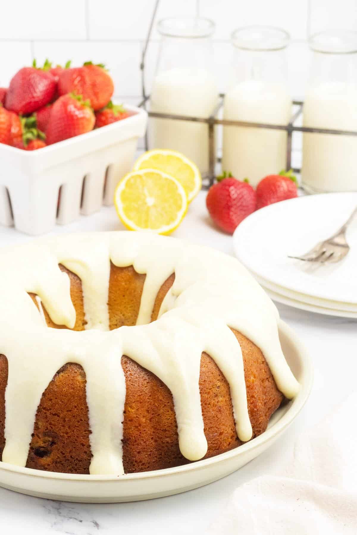 Strawberry Bundt Cake with lemon icings drizzled on top