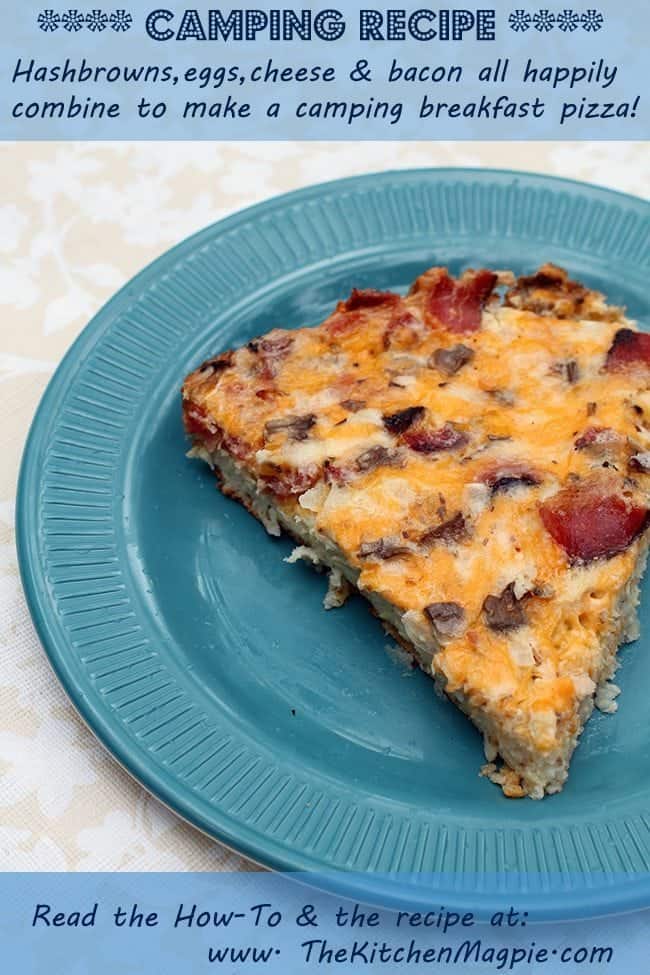 close up slice of Breakfast Pizza in a blue plate