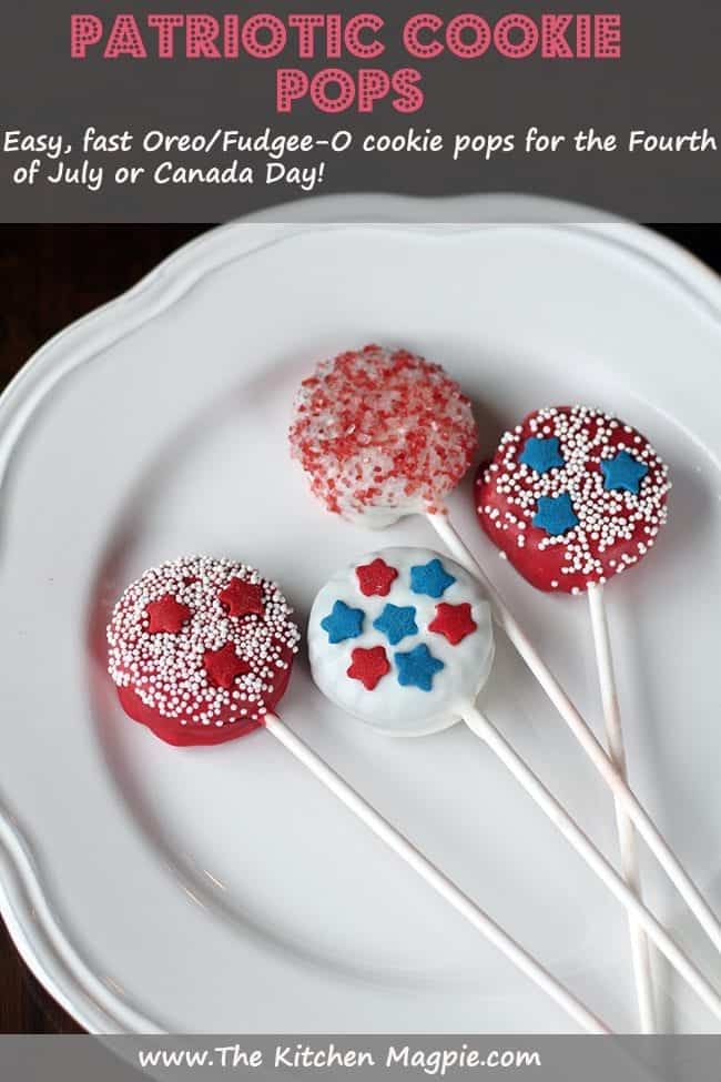 Close up of Patriotic color Oreo Cookie Pops with stick in a white plate