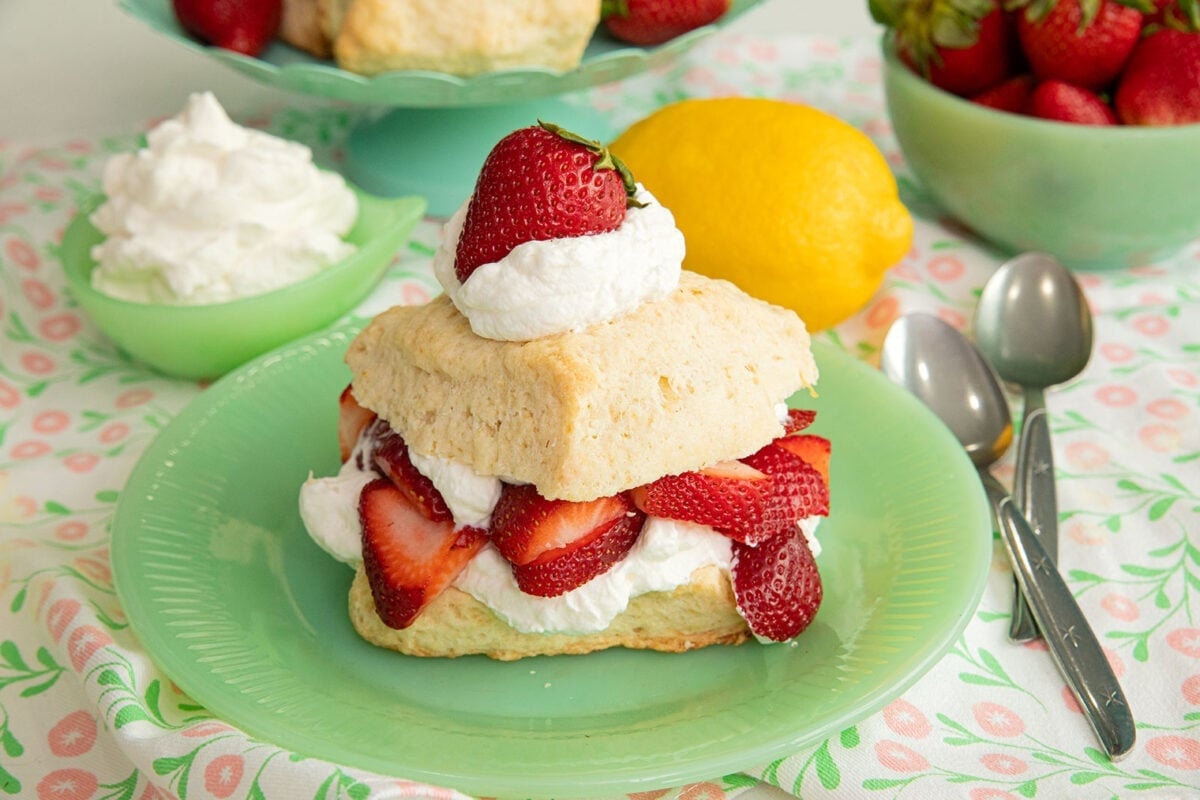 Strawberry shortcake with whipped cream on a green plate, fresh strawberries, a lemon, and whipped cream in bowls, and two spoons beside on a floral tablecloth—an inviting scene perfect for anyone who loves discovering delicious Strawberry Recipes.