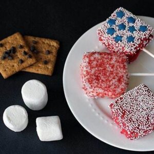 Patriotic color S'mores Pops with Sticks in a white plate